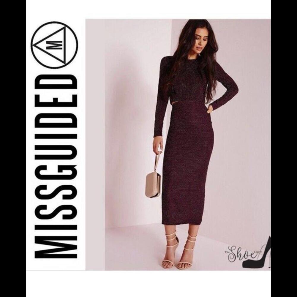 👗💜Misguided Purple Silver Stripe Midi Skirt  Short Top Long Sleeve Size 10
